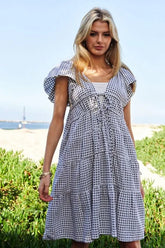 Davi & Dani Jacquard V-Neck Flutter Cap Sleeve Tiered Dress Black Ivory OutfitFlow